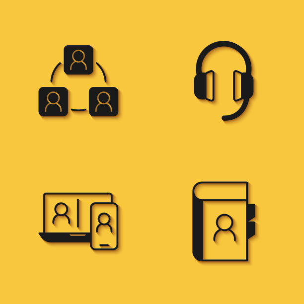 设置会议，电话簿，视频聊天会议和耳机图标与长阴影。向量图片下载