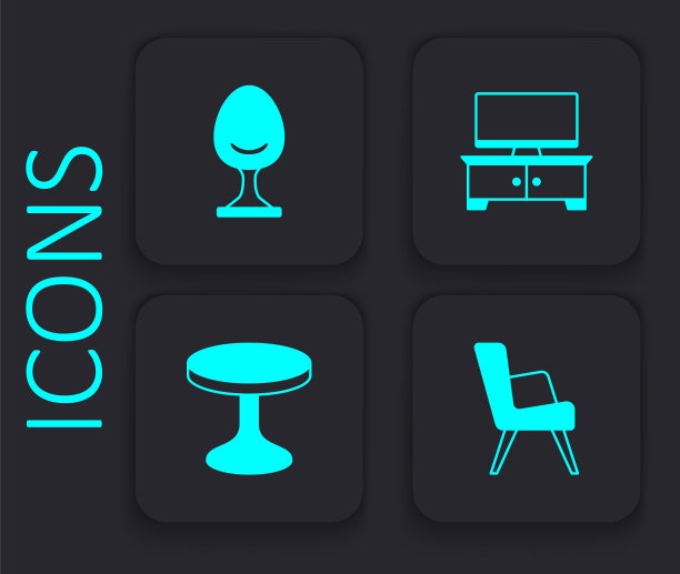 设置扶手椅，电视台架和圆形图标。黑色方形按钮。向量图片下载