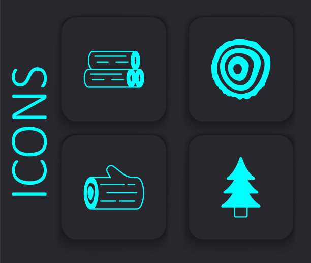 设置树，木制原木，戒指和图标。黑色方形按钮。向量图片下载