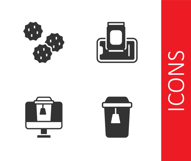 设置杯茶，饼干或饼干，在线订购食品和食品的移动图标。向量图片下载