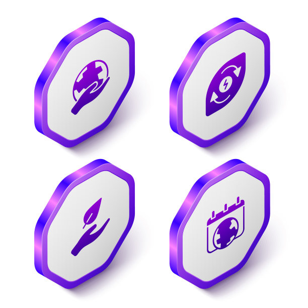 设置等距手握地球仪，水能，叶手和世界日图标。紫色的六角按钮。向量图片下载