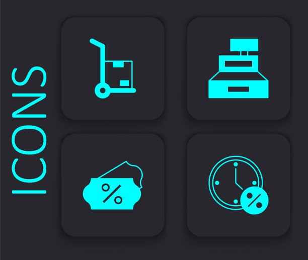 设置时钟和百分比折扣，手动卡车箱，收银机和折扣标签图标。黑色方形按钮。向量图片下载