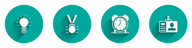 设置创意灯光理念，奖章，闹钟和标识徽章图标与长阴影。向量图片下载