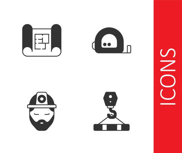 设置起重机钩，房子计划，建设者和轮盘赌建筑图标。向量图片下载