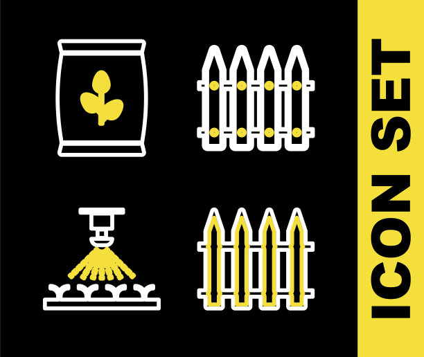 设置线花园围栏，自动灌溉洒水器和镰刀图标。向量图片下载