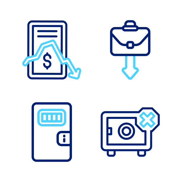 设置线路安全，监狱牢房门，公文包和移动股票交易图标。向量图片下载