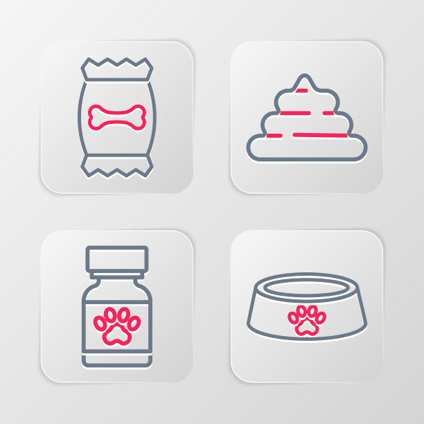 设置线宠物食品碗，药瓶和药丸，大便和袋的宠物图标。向量图片下载