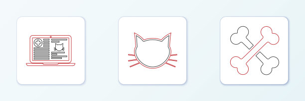 设置线交叉骨头，临床记录猫笔记本电脑和猫图标。向量图片下载