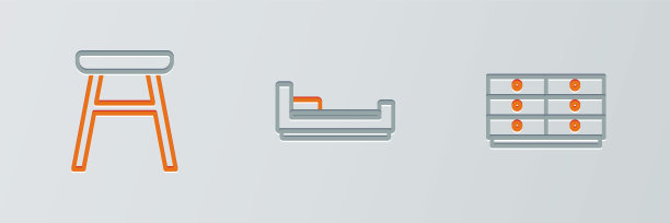 设置线衣柜的抽屉，椅子和床的图标。向量图片下载