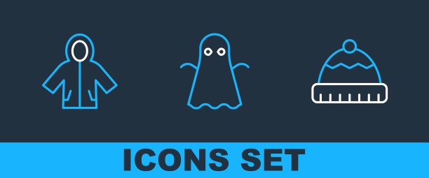 设置线冬季帽子，雨衣和幽灵图标。向量图片下载