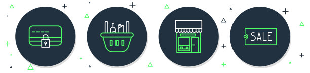 设置线购物篮和食品，建筑或市场商店，信用卡与锁和价格标签文本销售图标。向量图片下载