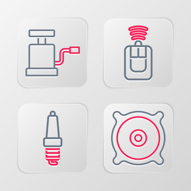 设置线车载音箱、火花塞、遥控键和气泵图标。向量图片下载