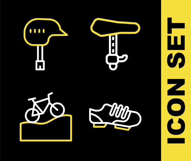设置线自行车座位，鞋，山地车和头盔图标。向量图片下载