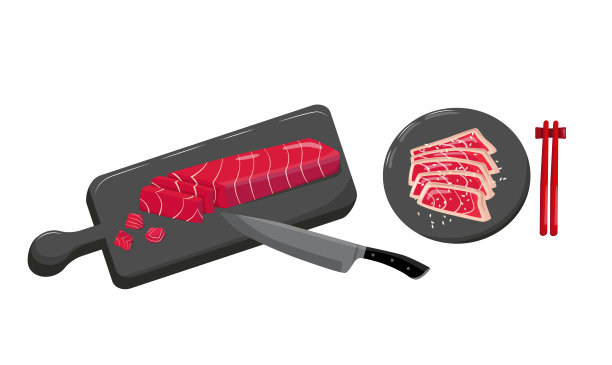 金枪鱼排配菜板，刀，盘子，筷子。图片下载