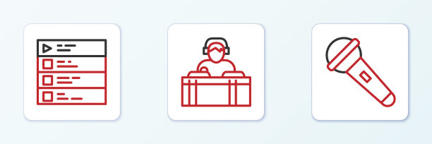 设置线路麦克风、音乐播放列表和DJ播放音乐图标。向量图片下载