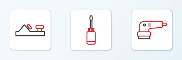 设置线电动砂光机，木刨工具和螺丝刀图标。向量图片下载