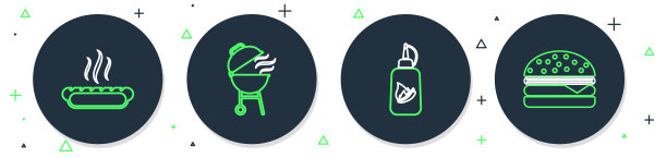 设置线烧烤烤架，番茄酱瓶，热狗三明治和汉堡图标。向量图片下载