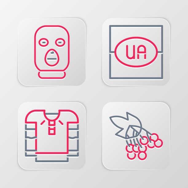 设置线分枝荚蒾，刺绣衬衫，乌克兰国旗和小偷面具图标。向量图片下载