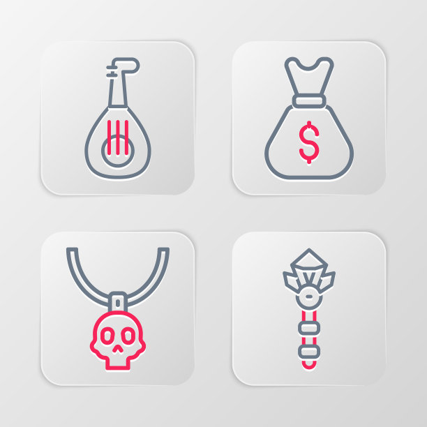 设置线魔术棒，项链护身符，旧钱袋和琵琶图标。向量图片下载