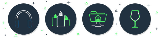 设置行燃烧蜡烛，FTP文件夹上传，耳机和酒杯图标。向量图片下载