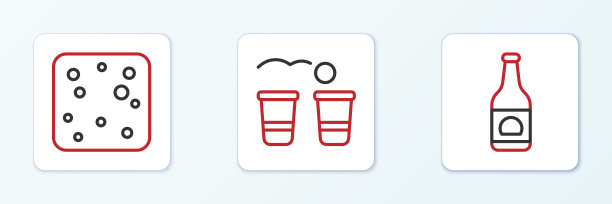 设置线啤酒瓶，气泡和乒乓游戏图标。向量图片下载