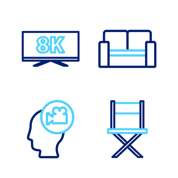 设置线导演电影椅子，头部与相机，电影院和屏幕电视8k图标。向量图片下载