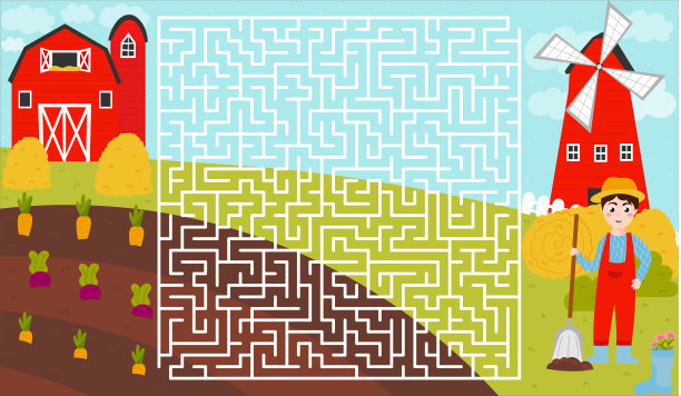 农民男孩挖掘谷仓和草垛在卡通风格，打印工作表的孩子与迷宫与风的意愿图片下载