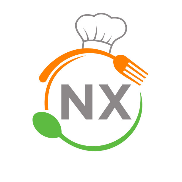 字母NX餐厅标志与厨师帽勺和叉子模板。餐厅标志在信NX烧烤，咖啡馆标志矢量图片下载