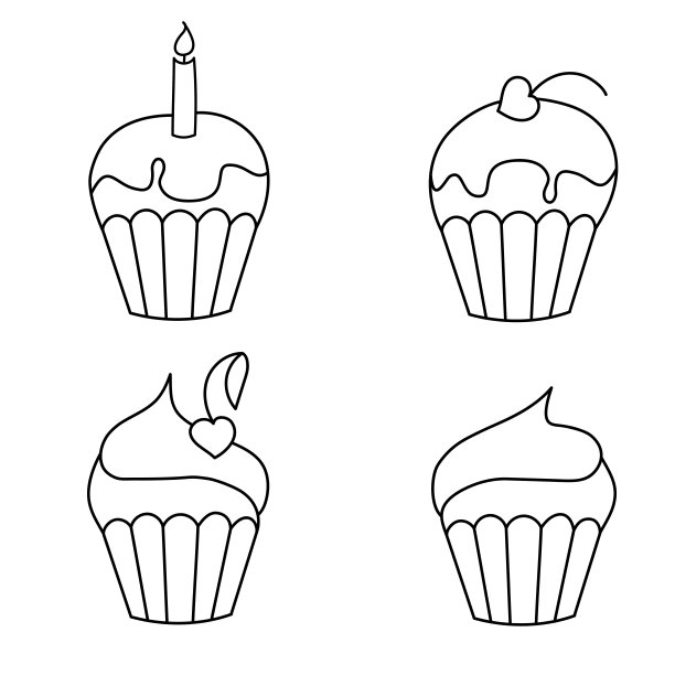 一套四个奶油派装饰樱桃和蜡烛，生日庆祝，心形，情人节卡片，孤立在白色背景，黑色轮廓，向量图片下载