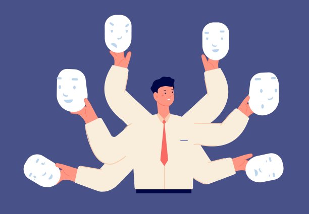 假商人的脸。心情不同，生意说谎者多。办公室经理选择心情和手拿口罩，矢量插图图片下载