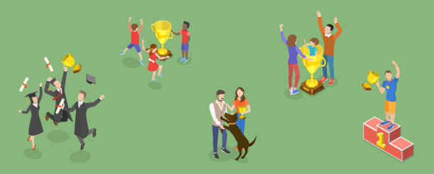 带有奖杯的胜利者的集合的三维等距平面矢量概念插图图片下载