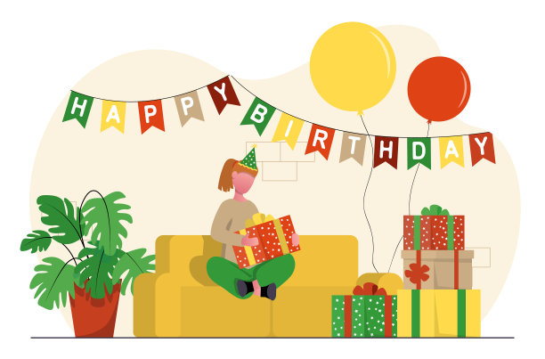 生日聚会。一个女孩打开礼物。图片下载