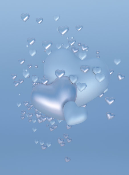 3D浪漫海报，淡蓝色飞行的心，爱的象征图片下载