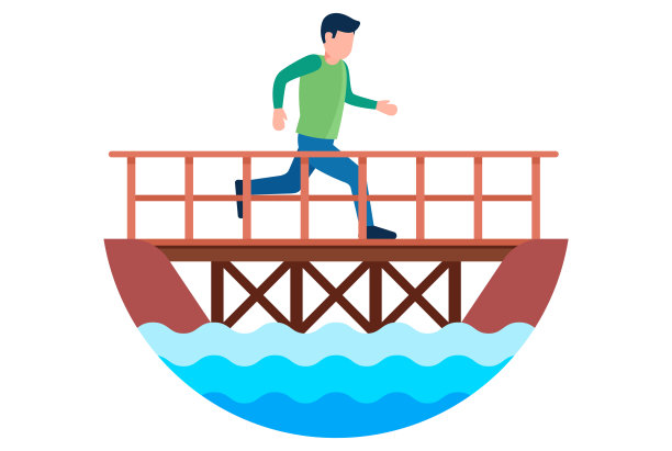 一个行人穿过一座木桥过河图片下载