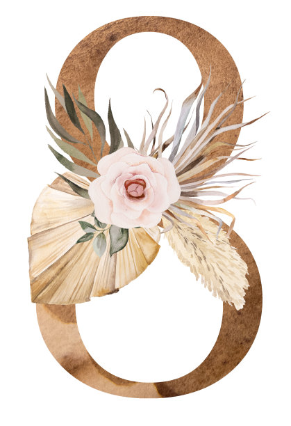 用干树叶和热带花朵装饰的8号水彩，波希米亚插图图片下载