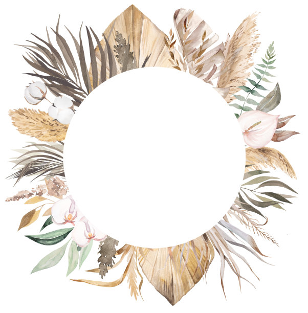 水彩波西米亚圆形框架与干燥的叶子和热带花卉插图图片下载