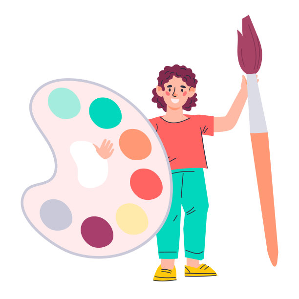 小男孩小画家用调色板和画笔，把平面卡通矢量孤立起来。图片下载