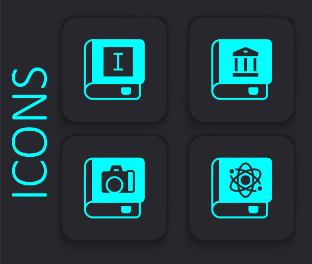 Set Book about physics, Law Book和Photo album gallery图标。黑色方形按钮。向量图片下载