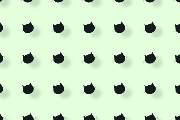 在浅绿色背景与阴影黑猫头的彩色图案。无缝图案与猫的脸。俯视图图片下载