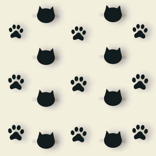 黑猫头和爪子的彩色图案。无缝的猫爪和脸图案图片下载