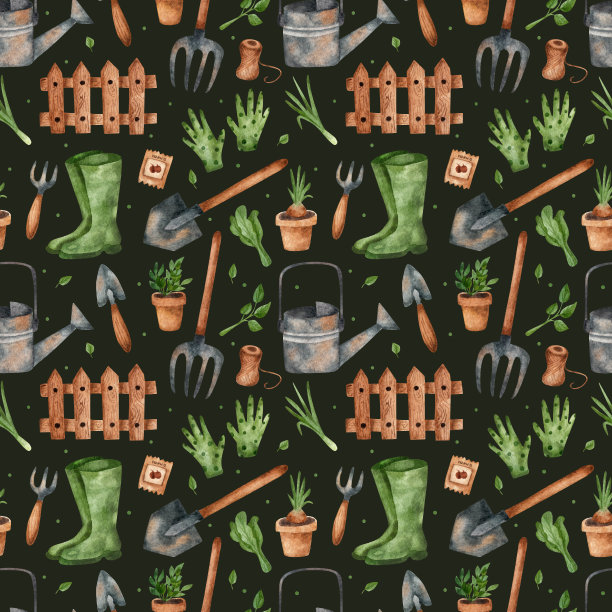 水彩图案花园工具在一个黑暗的背景。图片下载