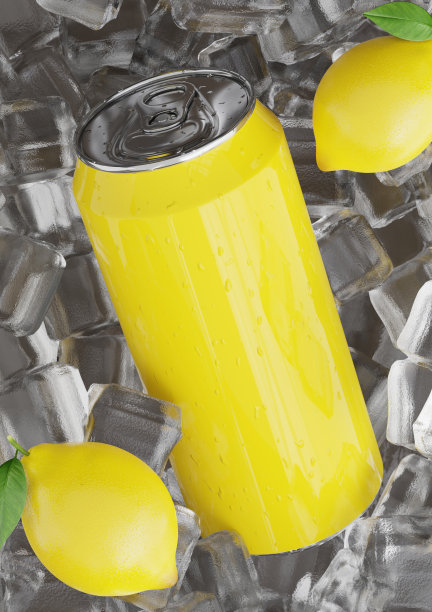 能量饮料或装在柠檬冰块上的罐装产品展示。图片下载