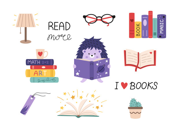 向量的书集。一堆书和打开的书。可爱的刺猬。多读我爱你的文字。图片下载