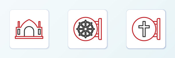 设置线基督教十字架，印度教精神寺庙和法轮图标。向量图片下载