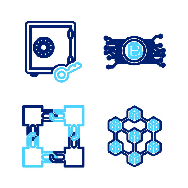 设置行区块链技术，加密比特币电路和权益证明图标。向量图片下载