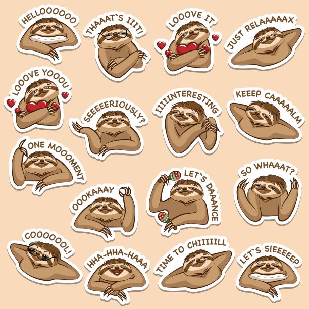 卡通树懒的一组不同的流行情绪。贴着有趣题词的贴纸。白色的轮廓和透明的阴影。图片下载
