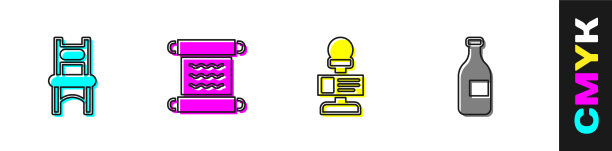 设置椅子、莎草纸、卷轴、麦克风和瓶子图片下载