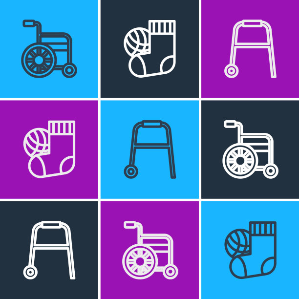 设置线轮椅步行者和袜子图标图片下载