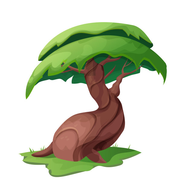 神奇的仙女树，大树干，根和叶子卡通风格孤立在白色的背景上。森林植物，游戏资产。矢量图图片下载