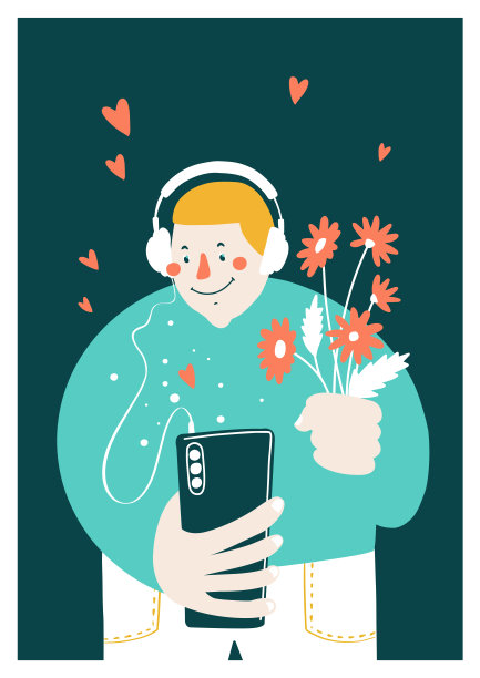 微笑的年轻人通过手机和他的女朋友聊天。用智能手机在网上调情和点赞。空气中弥漫着爱。矢量图图片下载